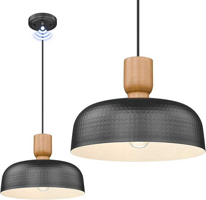 Dusk to Dawn Farmhouse Pendant Lights, 12.4 inch Industrial Pendant Lighting, Adjustable Hanging Light Fixtures with Hammered Metal Shade for Kitchen Island, Black