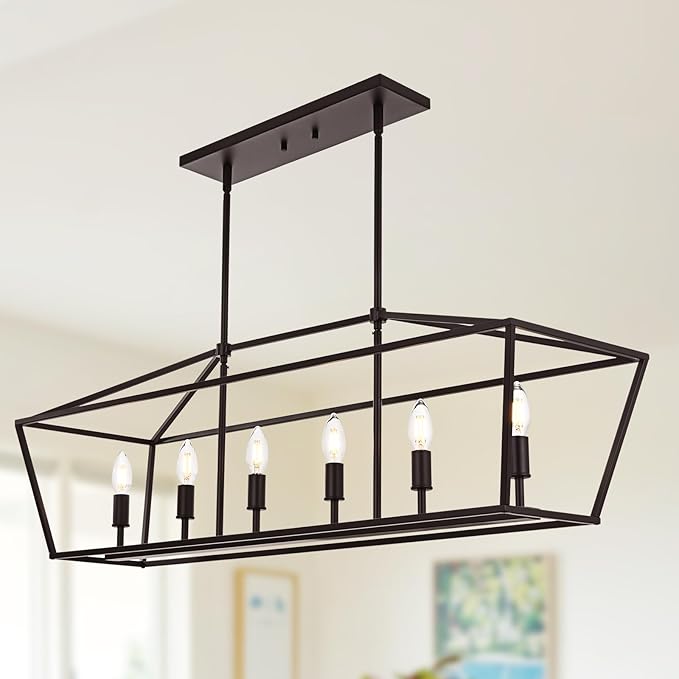 6-Light Kitchen Island Lighting, Farmhouse Dining Room Rectangle Chandelier, Hanging Pendant Light Fixture Over Table for Living Room, Oil Rubbed Bronze & E12 Bulb Base