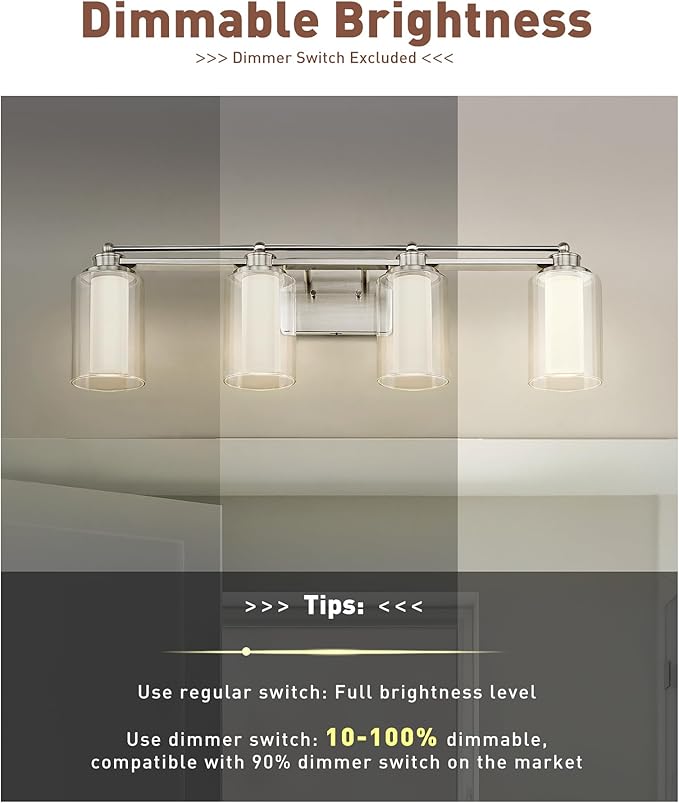 HWH 4 Light Modern Bathroom Vanity Lights Over Mirror, Brushed Nickel Dimmable 24W LED, 5CCT