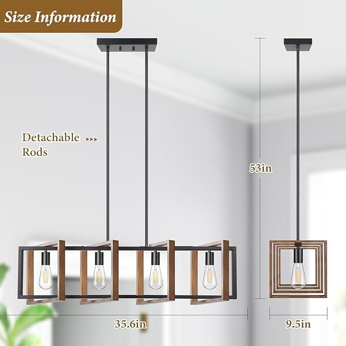 4 Lights Dining Room Light Fixture, Farmhouse Kitchen Island Lighting Wood and Black Metal Rectangular Hanging Chandelier for Ceiling Living Room, Modern Rustic Pendant Lighting Fixture Over Table