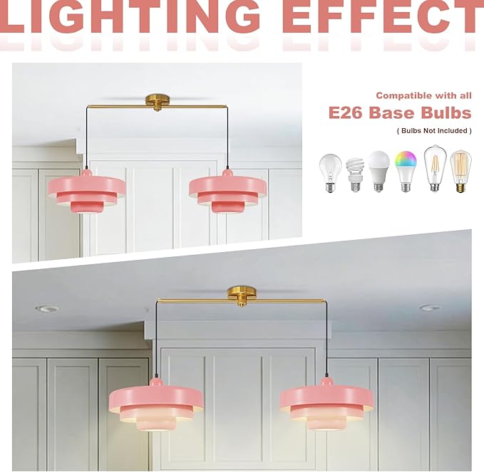 Pink 2-Light Pendant Light Industrial Chandelier, Vintage Adjustable Hanging Lights Modern Pendant Lamp for Kitchen Island, Dining Room, Bedroom, Entryway