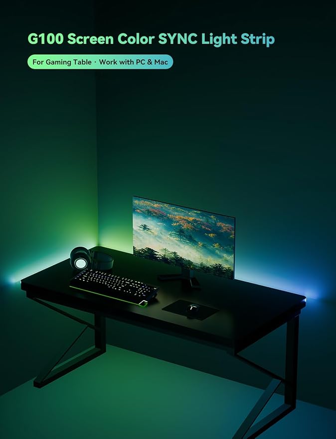 RGB Backlight LED Strip Light for PC & Mac, Sync with Screen Color or Music, Stick to the Edge of Your Desk, for Desk Gaming, USB Port, Software Control, 3.94ft / 1.2m