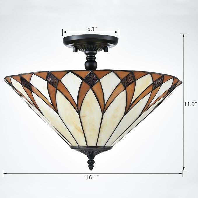 Tiffany Style Semi Flush Mount Ceiling Light 3-Light 16.1-Inch Vintage Stained Glass Ceiling Light Fixture for Bedroom Dining Living Room Foyer Entryway