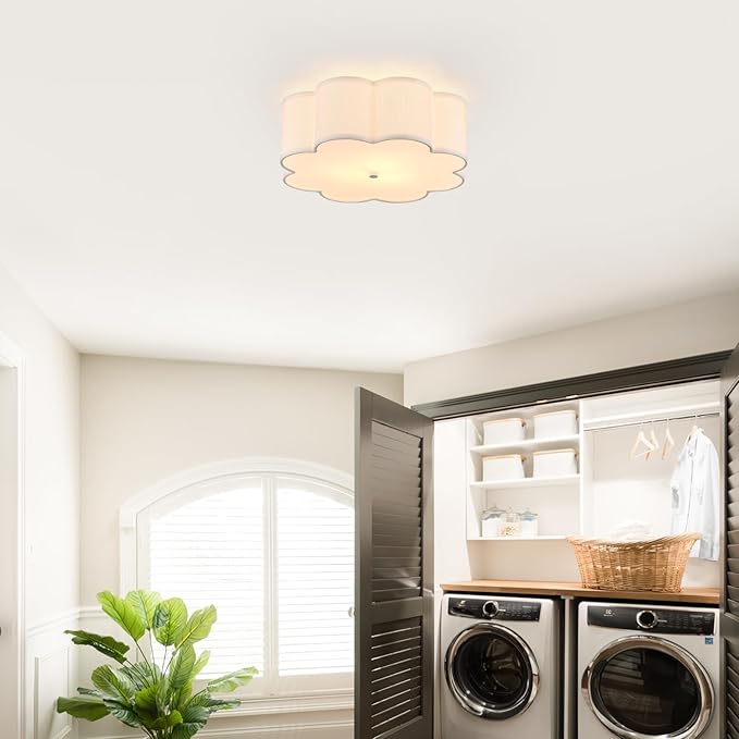 Modern Drum Semi Flush Mount Ceiling Light 3-Lights Modern 17.71" White Drum Ceiling Lighting Fixture Vintage Modern Linen Ceiling Lamp for Kitchen, Basement, Bedroom, Laundry Room