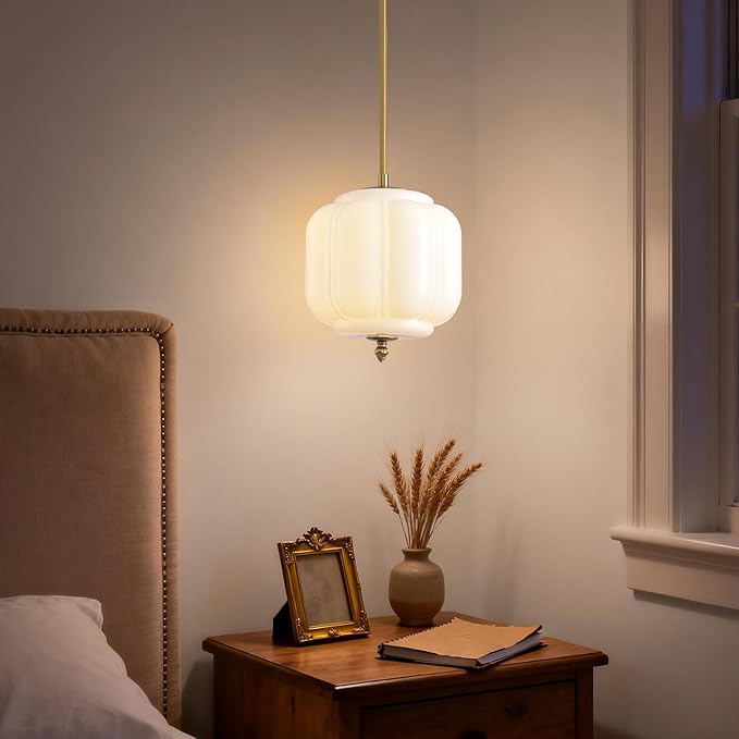 Vintage Milk Glass Pendant Lights 9.8 Inch Mid Century Modern Hanging Ceiling Light, Adjustable Height Kitchen Island Hanging Lights for Dining Room, Kitchen, Hallway and Bedroom, E26 Base