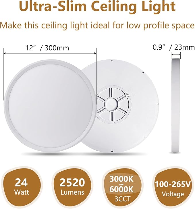 12PK 12 Inch LED Flush Mount Ceiling Light, 24W, 2520LM, 3000K/4000K/6000K CCT Selectable, 0.9inch Super Slim LED Ceiling Fixture, Low Profile Round Flat Panel Light for Bedroom,Kitchen,Hallway(White)