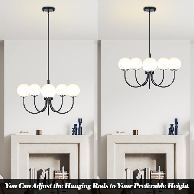 Black Chandelier Pendant Lighting, 5-Light Kitchen Light Fixtures, Mid-Century Modern Large Semi-Flush Ceiling Light Fixture with Frosted Globe Glass for Dining Room Living Room Bedroom Brass