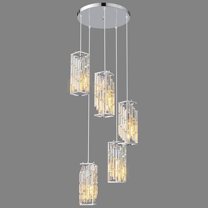 Chrome Pendant Lighting Modern Pendant Light, Mini Crystal Chandeliers,Adjustable Pendant Light Fixture for Kitchen Island Dinning Room Bedroom (5 Light)