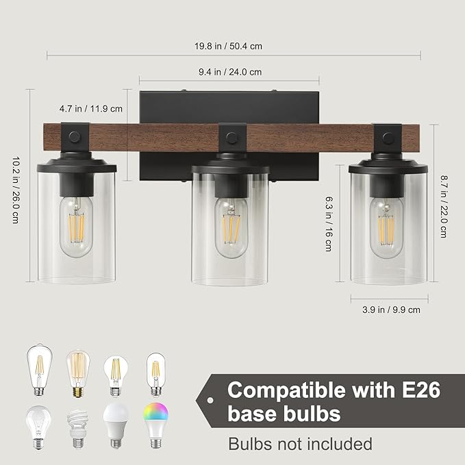 GoYeel Bathroom Light Fixtures Over Mirror, Black Farmhouse Vanity Light Rustic Vintage Wood Bathroom Wall Light Fixtures 3 Light with Clear Glass Shade for Bedroom Hallway