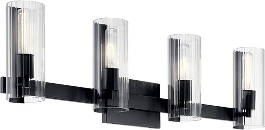 Kichler Jemsa 4-Light Bathroom Vanity Light Fixture with Clear Fluted Glass in Black, Modern Wall Mount Vanity Lighting for Bathroom Over Mirror (9.75 in x 32 in), 55169BK