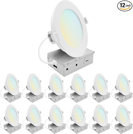 LUXRITE 5 Inch LED Recessed Light, ECO Backlit Mini Panel Spotlight, 5CCT 2700K-5000K, 1200 Lumens, High Output, 13 Watts, Dimmable, IC Rated, Wet Rated, ETL Listed, Energy Star, Round (12 Pack)