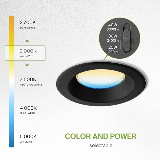 ASD 9/10 Inch Commercial Canless LED Downlight, Power Adjustable 20/30/40W Lighting, Round Dimmable Recessed Ceiling Light Fixture, 5 CCT 2700K-5000K, 120-277V IC Rated UL & Energy Star, 4 Pack