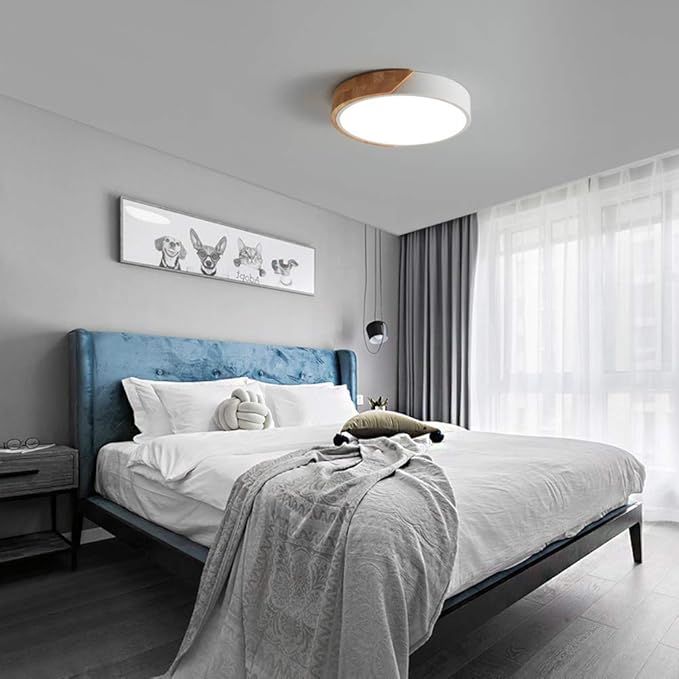 Modern LED Ceiling Light, Flush Mount, Round Wood, 30W, 2400 Lumens, Cool White, 11.8in, for Home Office, Bedroom, Living Room, Kitchen, Hallway