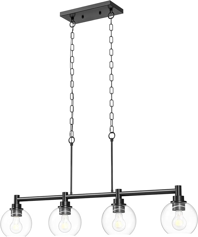 VONLUCE Dining Room Light Fixture Over Table, 4-Light Kitchen Island Lighting with Round Glass Shades & Adjustable Hanging Heights, Linear Chandlier for Dining Room Kitchen, Black, ETL Certificated