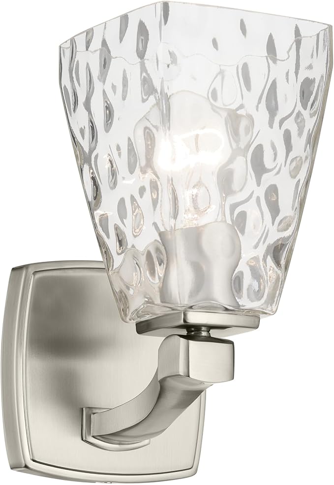 Kichler Marant 5" 1-Light Wall Sconce Bathroom Light Fixture with Clear Water Glass in Brushed Nickel for Bathroom, Powder Room, Hallway (5" W x 9.5" H), 55214NIWTR