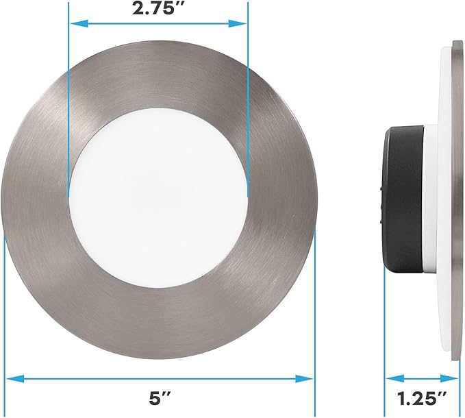 LUXRITE 3-4 Inch LED Flush Mount & Recessed Light, 7.5W, 5CCT 2700K-5000K, 650LM, Magnetic Trim, Dimmable Ceiling Can Light, Install to J-Box or 4 Inch Housing, Wet Rated, UL Listed, Brushed Nickel