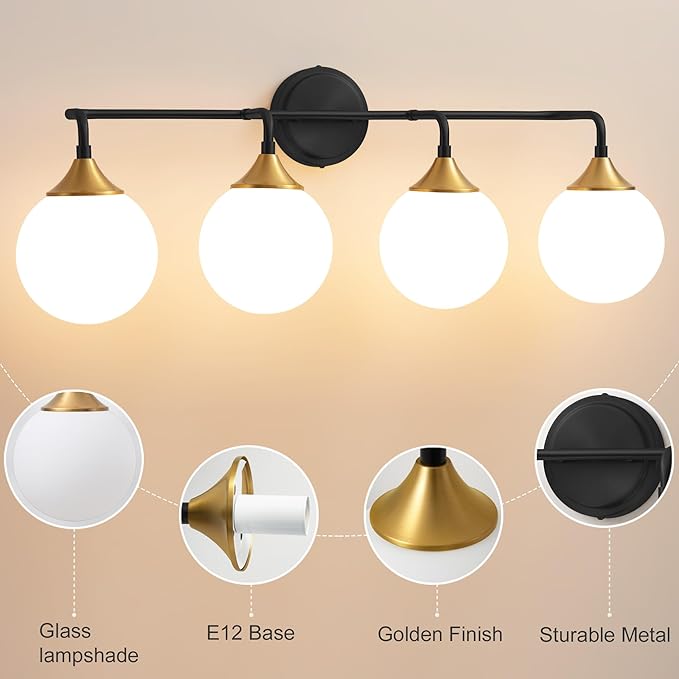 Bathroom Light Fixtures, 4-Light Black Gold Bathroom Vanity Lights Over Mirror, Modern Farmhouse Wall Sconce Lighting with Milk White Glass Ball Shades