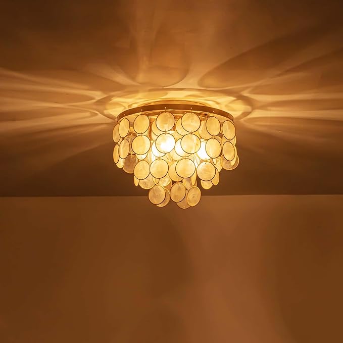 3-Light Capiz Shell Ceiling Light, Coastal Design Flushmount Light Fixture for Dining Room, Living Room, Bedroom, True Shell & Gold Finish Frame