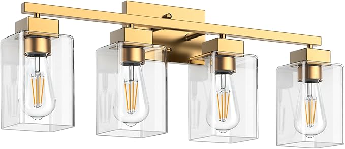 PARTPHONER 4-Light Bathroom Light Fixtures, Brushed Gold Modern Vanity Lights, Bathroom Lighting Fixtures Over Mirror, Square Design Farmhouse Wall Sconces with Clear Glass Shades