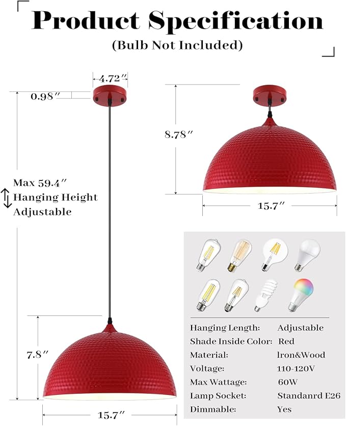 16 inch Red Pendant Light 2 Pack, Hammered Large Industrial Pendant Lights Kitchen Island, Oversive Red Dome Pendant Light for Kitchen Island, Dining Room, Bar