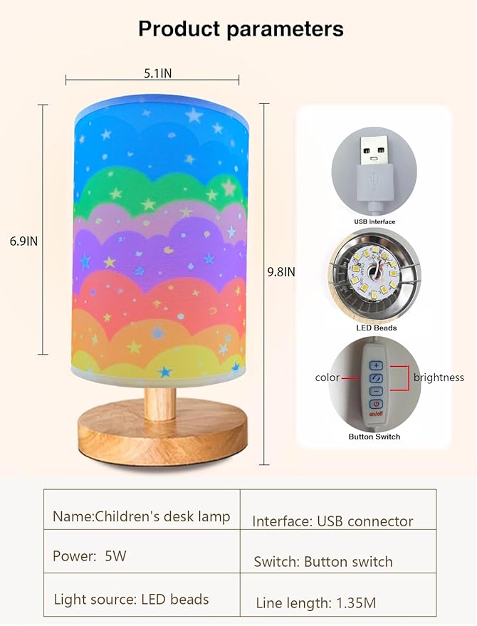 Kids Table Lamp for Bedroom, Rainbow Lamp, 3 Level Dimmable Wood Nightstand Desk Base Flaxen Fabric Shade for Bedroom Living Room,Rainbow Lamp Gifts for Girls (Colorful)