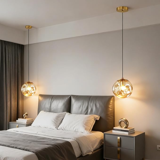 Modern Amber Concave Glass Pendant Light, 2-Pack Kitchen Island Lighting Single Globe Pendant Light Fixtures Century Kitchen Island Pendant Light for Bedroom Dining Room Light (Without Bulbs)