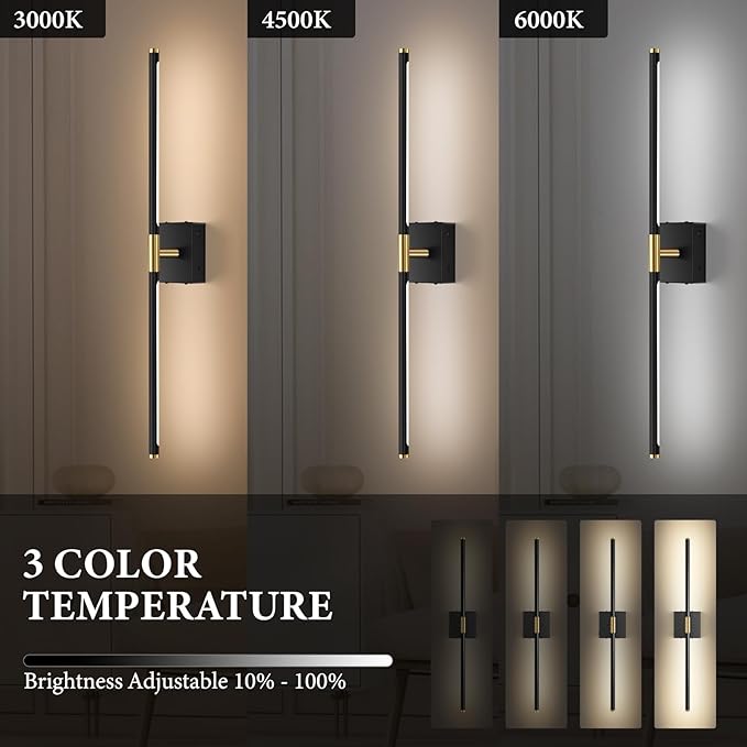 SAIMAND Wall Sconces Set of Two Battery Operated, Wireless USB Rechargeable Wall Lights with Remote, 8000mAh Dimmable LED 3 Color Dimmable Living Room for Bedroom,Hallway,Picture Lamp (30in Black)