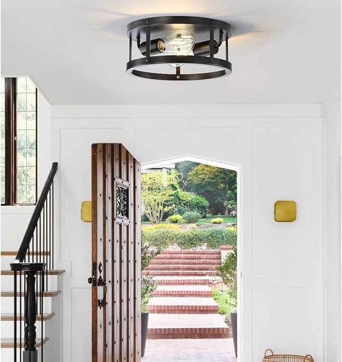 2 Pack Flush Mount Ceiling Lights, Black Metal Close to Ceiling Light Fixtures, Farmhouse 11 Inch Industrial Indoor Ceiling Lamp for House Kitchen Bedroom Hallway