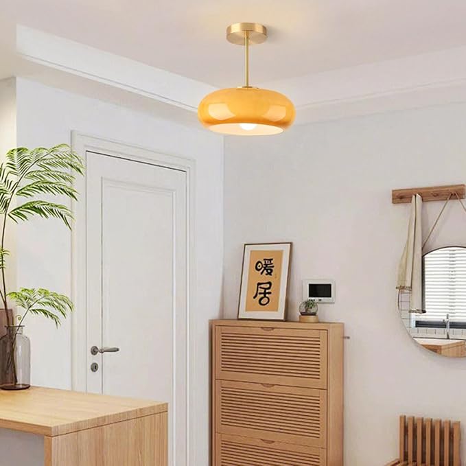 Brass Modern Hallway Ceiling Light - Orange Glass Ceiling Lamp with Dome Shade, Gold Mid Century Semi Flush Mount, Bedroom Entrance Light Fixture