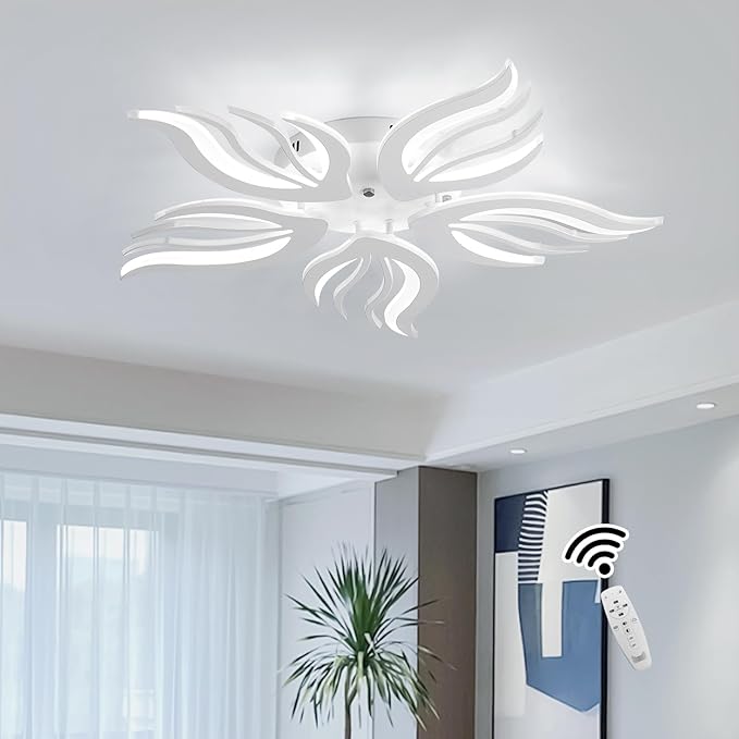Becailyer Modern Flower Ceiling Light, 29.5" Flush Mount Ceiling Lamp, 50W Dimmable LED Ceiling Lighting Fixtures, 5-Petals Acrylic Close to Ceiling Light for Living Room Bedroom Dining Room, White