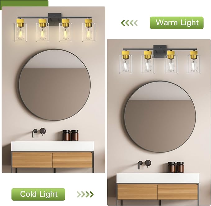 Espird 4 Light Bathroom Vanity Light - Black and Brushed Gold Bathroom Light Fixtures UL Certification, Square Light Fixture Over Mirror, Farmhouse Light Fixtures for Bathroom & Bedroom
