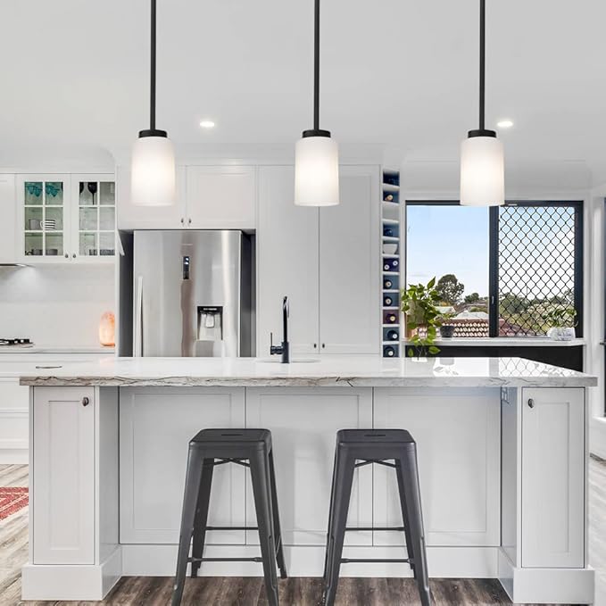 TODOLUZ Black Pendant Light Fixture with Opal White Glass, Farmhouse Mini Chandelier for Kitchen Island Hallway