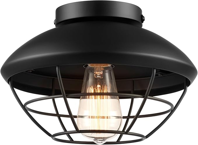 Globe Electric 60000120 1-Light Outdoor Flush Mount Ceiling Light, Matte Black Finish, Metal Cage Shade, Weather Resistant, Industrial Outdoor Ceiling Light, E26 Base