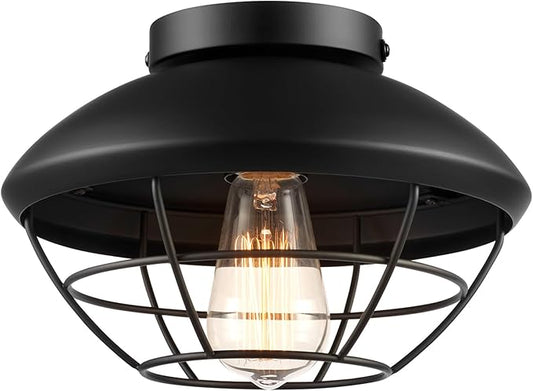 Globe Electric 60000120 1-Light Outdoor Flush Mount Ceiling Light, Matte Black Finish, Metal Cage Shade, Weather Resistant, Industrial Outdoor Ceiling Light, E26 Base