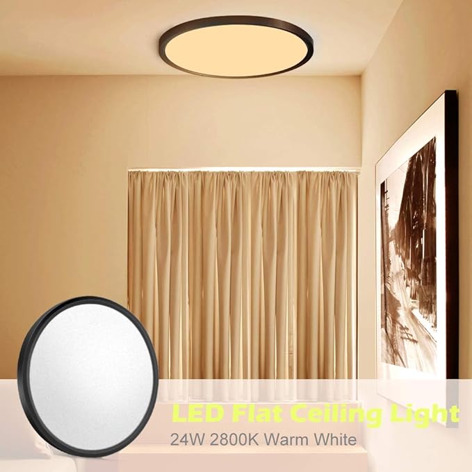 LED Flush Mount Ceiling Light Fixture, 12 Inch 24W (240W Equivalent) 2800K Warm White, 3200LM, Flat Modern Round Lighting Fixture, Black Ceiling Lamp for Kitchens, Stairwells, Bedrooms.etc.
