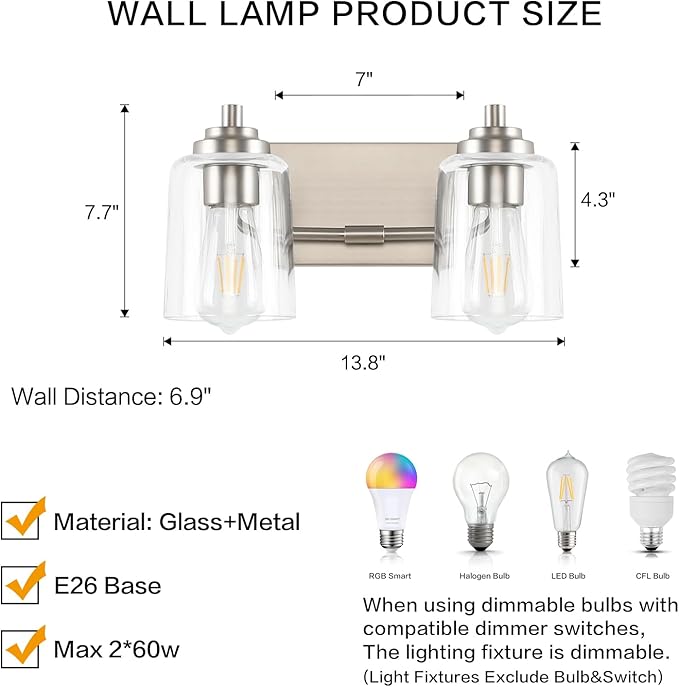 SOLFART Brushed Nickel Vanity Light 2 Light Bathroom Vanity Light Bathroom Lights Vanity Lighting Fixtures Wall Lights Over Mirror