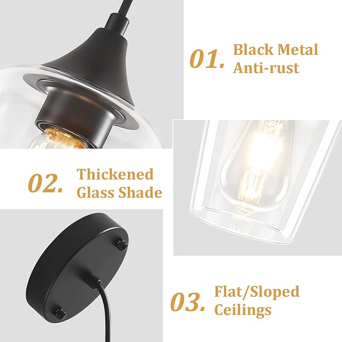 2-Pack Black Pendant Lights Kitchen Island, Modern Glass Pendant Lighting Over Island Kitchen Hanging Light Fixtures Hallway Pendant Lights for Bathroom Dining Room Entryway Foyer Bedroom
