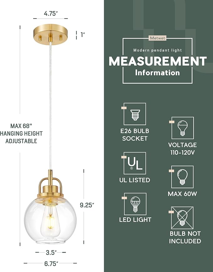 2 Pack Pendant Lights Kitchen Island, 7" Brushed Gold Pendant Light Fixtures Over Island with Globe Clear Glass Shade, Brass Hanging Lights for Dining Room Entryway, PL125-BG-2PK
