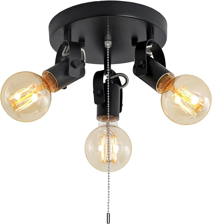 SEEBLEN 3 Light Flush Mount Ceiling Light with Pull Chain, Industrial Kitchen Ceiling with Rotatable Light Head,Black Pull Chain Spotlight for Bedroom Hallway Kitchen Laundry