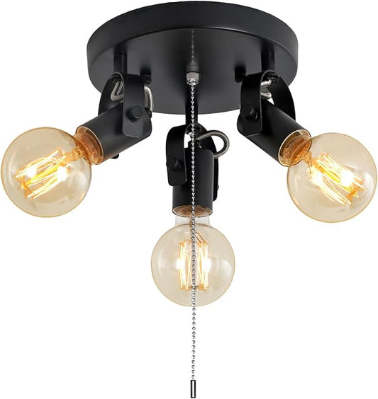 SEEBLEN 3 Light Flush Mount Ceiling Light with Pull Chain, Industrial Kitchen Ceiling with Rotatable Light Head,Black Pull Chain Spotlight for Bedroom Hallway Kitchen Laundry