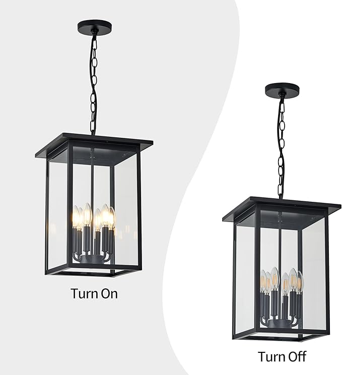 Outdoor Chandelier Modern Pendant Light,6 Light Black Exterior Ceiling Hanging Lanterns with Clear Glass, Farmhouse Outdoor Chandelier for Front Door Entry Patio, (Bulb Not Included)