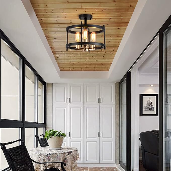 AGV LIGHTING Semi Flush Mount Ceiling Light Fixture, 3-Light Farmhouse Light Fixture Ceiling Mount, Black & Gold Finish