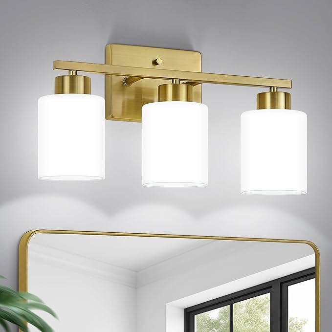 FonmYim Brushed Gold Bathroom Light Fixtures, 3-Light Modern Vanity Light Over Mirror, Wall Sconces with Milky White Frosted Glass Shades, E26 Socket (Bulbs Not Included)
