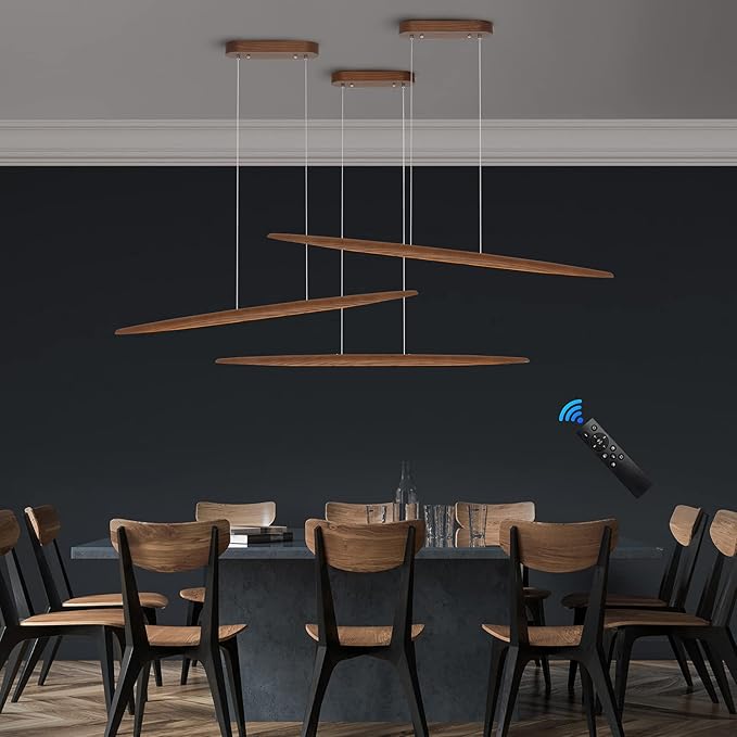 YISDESIGN 39" Wood Linear Pendant Light LED Dimmable Hanging Light Dinning Room Light Fixture Island Lights 24w for Dining Room Kitchen Island Bar Walnut Color
