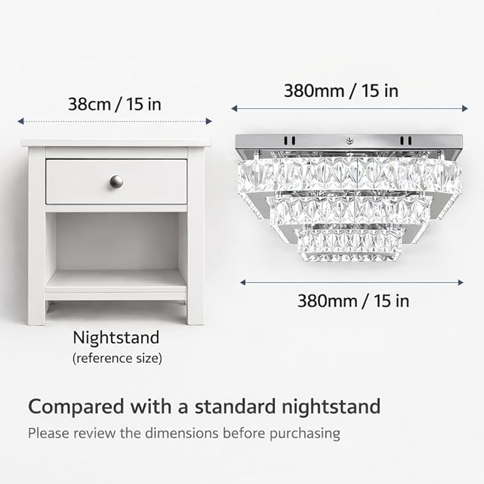 Dimmable Square Crystal Flush Mount Ceiling Light, 15" 3-Tier Crystal Chandelier Ceiling Light, Remote Included, 3000–6500K CCT, K9 Crystal & Stainless Steel for Living Room Dining Room Bedroom