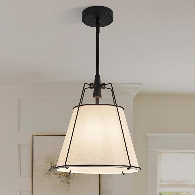 Modern Pendant Light Fixtures with 13" Off-White Linen Fabric Shade, Adjustable Hanging Light Fixture,Drum Black Vintage Chandelier for Kitchen Island Bedroom Dining Room Foyer Entryway