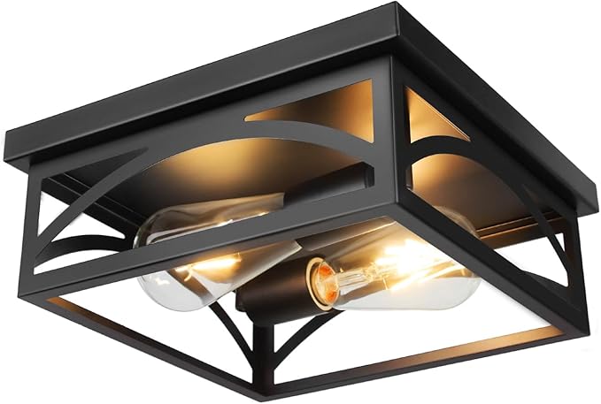 Black Square Flush Mount Ceiling Light, Farmhouse Ceiling Light Fixture for Hallway Porch Kitchen, 2-Light Outdoor Porch Ceiling Light, 1 Pack, 10 Inch, E26 Base(Bulbs Not Included)