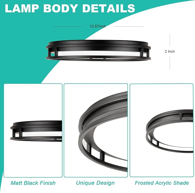 13 Inch LED Flush Mount Ceiling Light Fixture, 26W, Super Bright 1700 Lumens, 3 Color 3000K/4000K/5000K, Dimmable Ceiling Lamp for Bedroom Hallway Bathroom Kitchen Laundry (Black)
