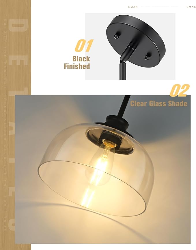 Emak 2 Pack Glass Pendant Light, Modern Farmhouse Black Pendant Lights Kitchen Island, 10 Inch Hanging Light Fixture for Kitchen Island, Dining Room, Bathroom, Bar, PL131-BK-CG-2PK