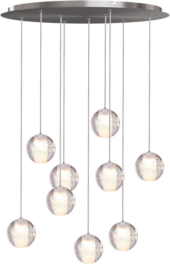 Venus 9 Mini Pendant Glass Ball Lighting Nickel - LED Hanging Light Fixture for Kitchen Island, Bar, Foyer - Cluster Pendants - Dimmable, Adjustable Wire, Lamp Bulb Included
